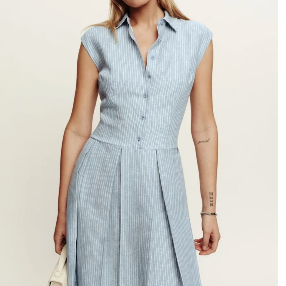 NEW Reformation Prim Linen Midi Dress Sz8 Cornflower Stripe